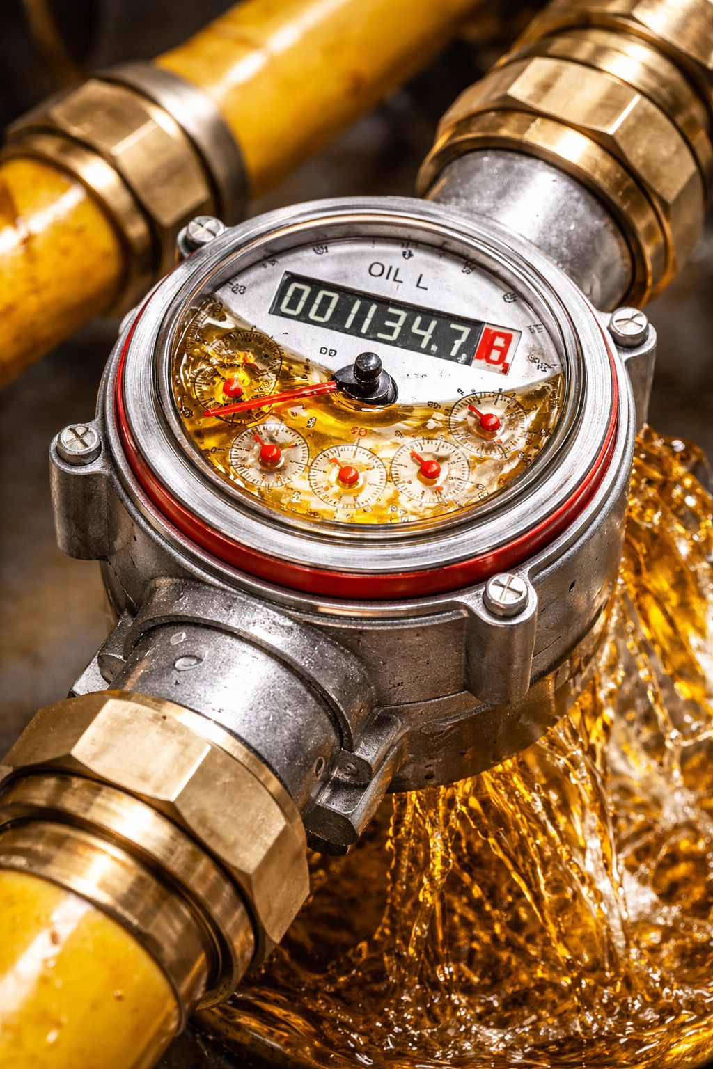 Oil-filled multi jet water meter installed on a water supply pipe during operation